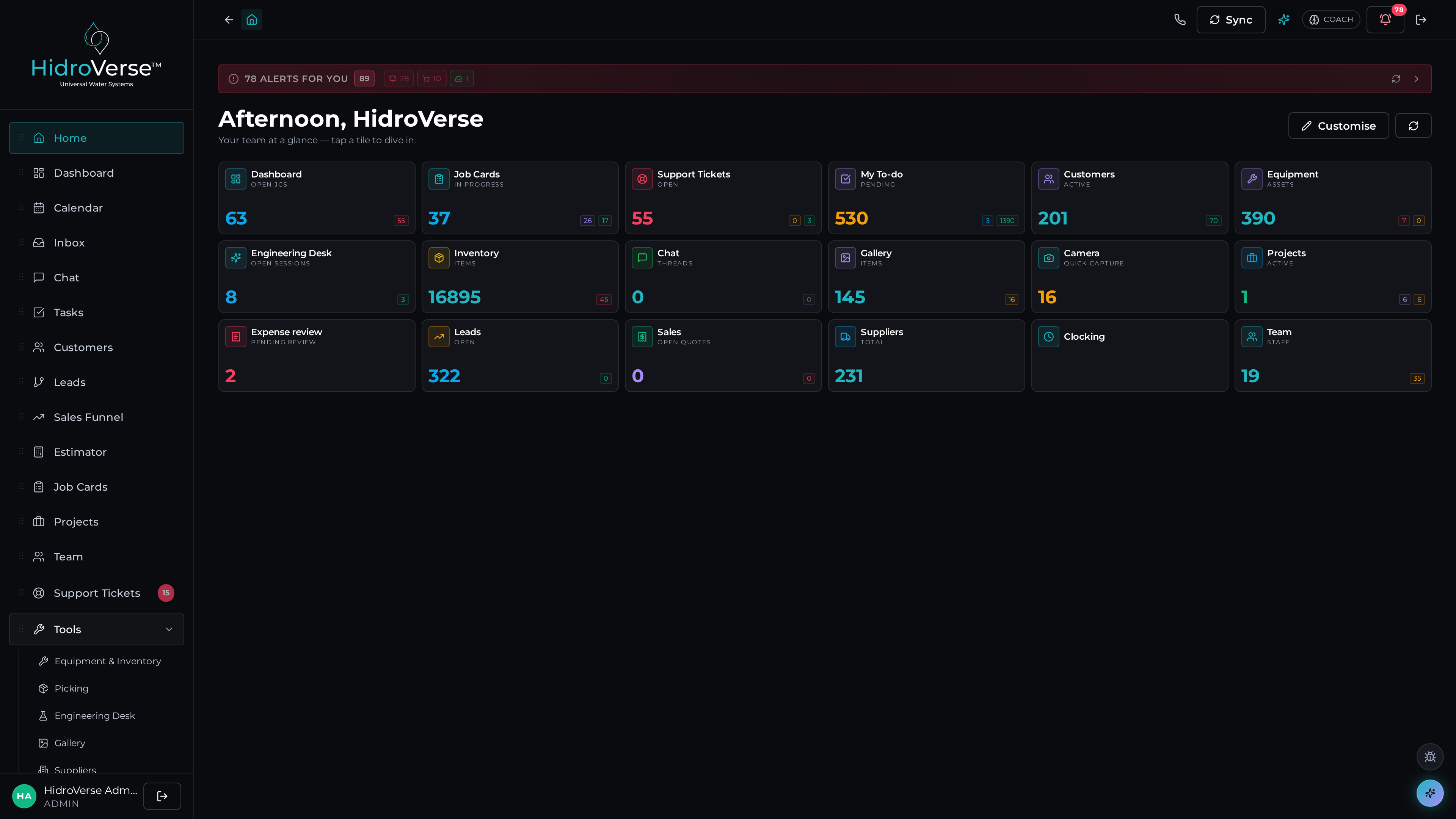 Dashboard overview — dark mode