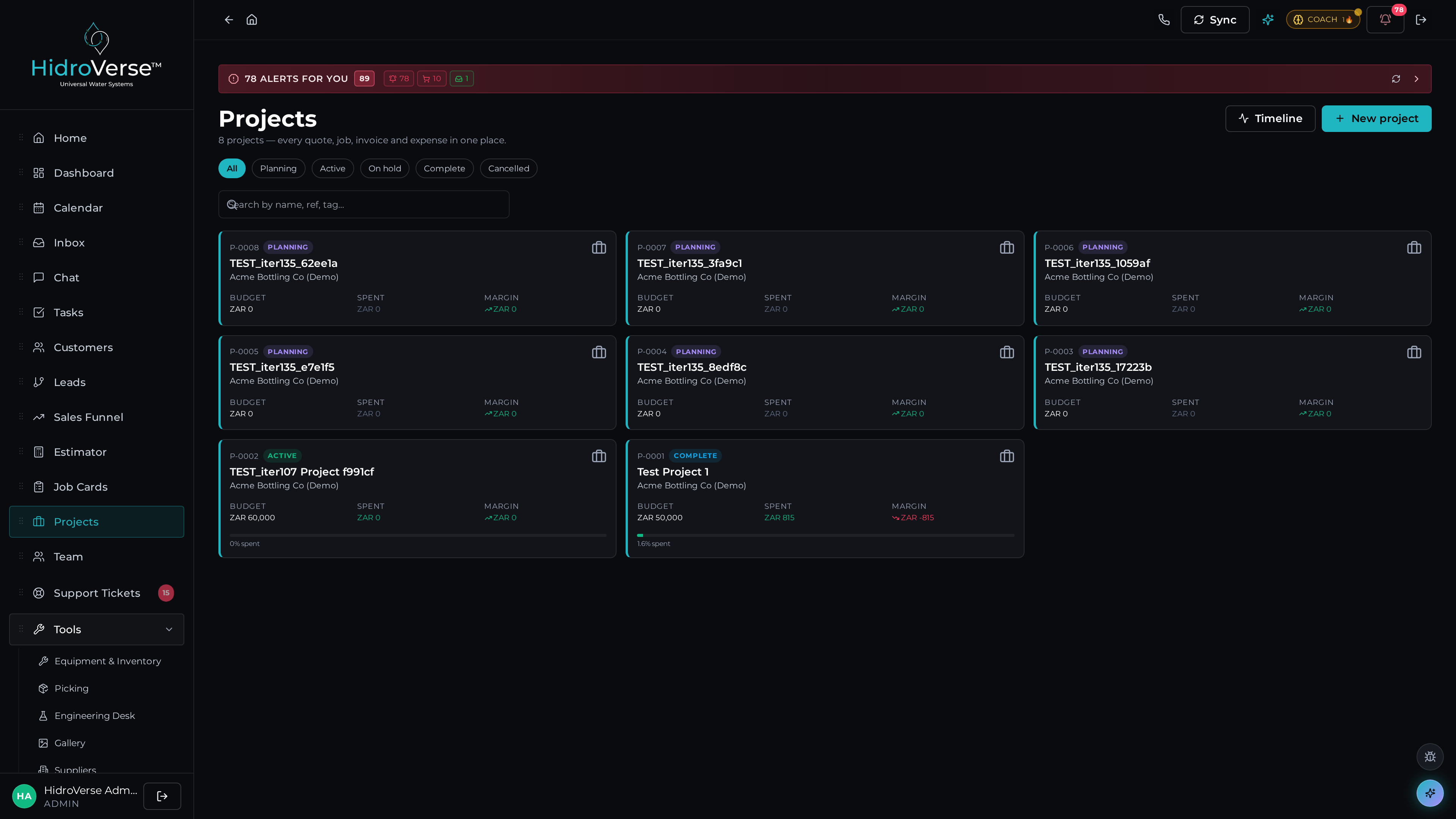 Project dashboard — dark mode