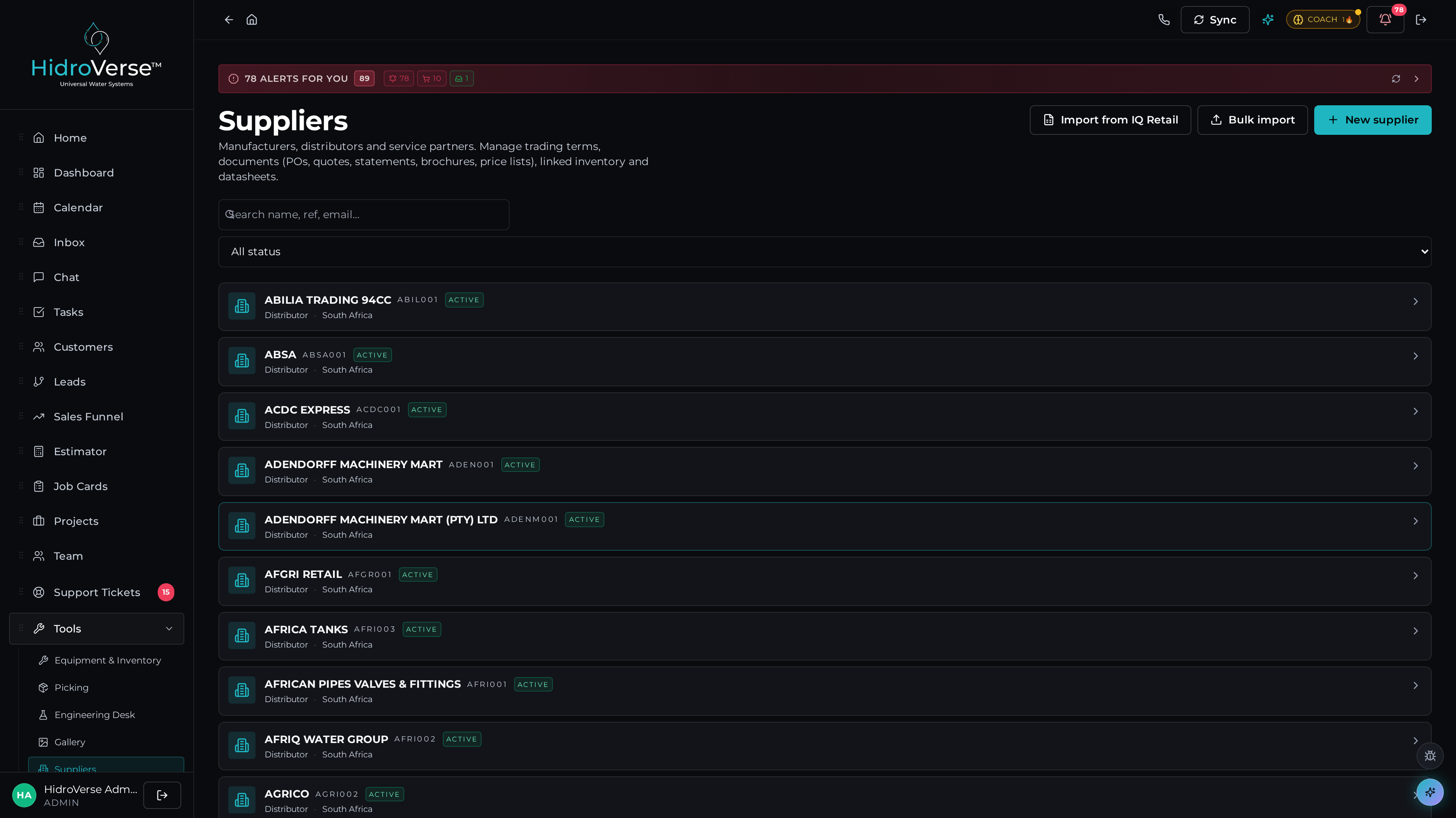Suppliers — dark mode
