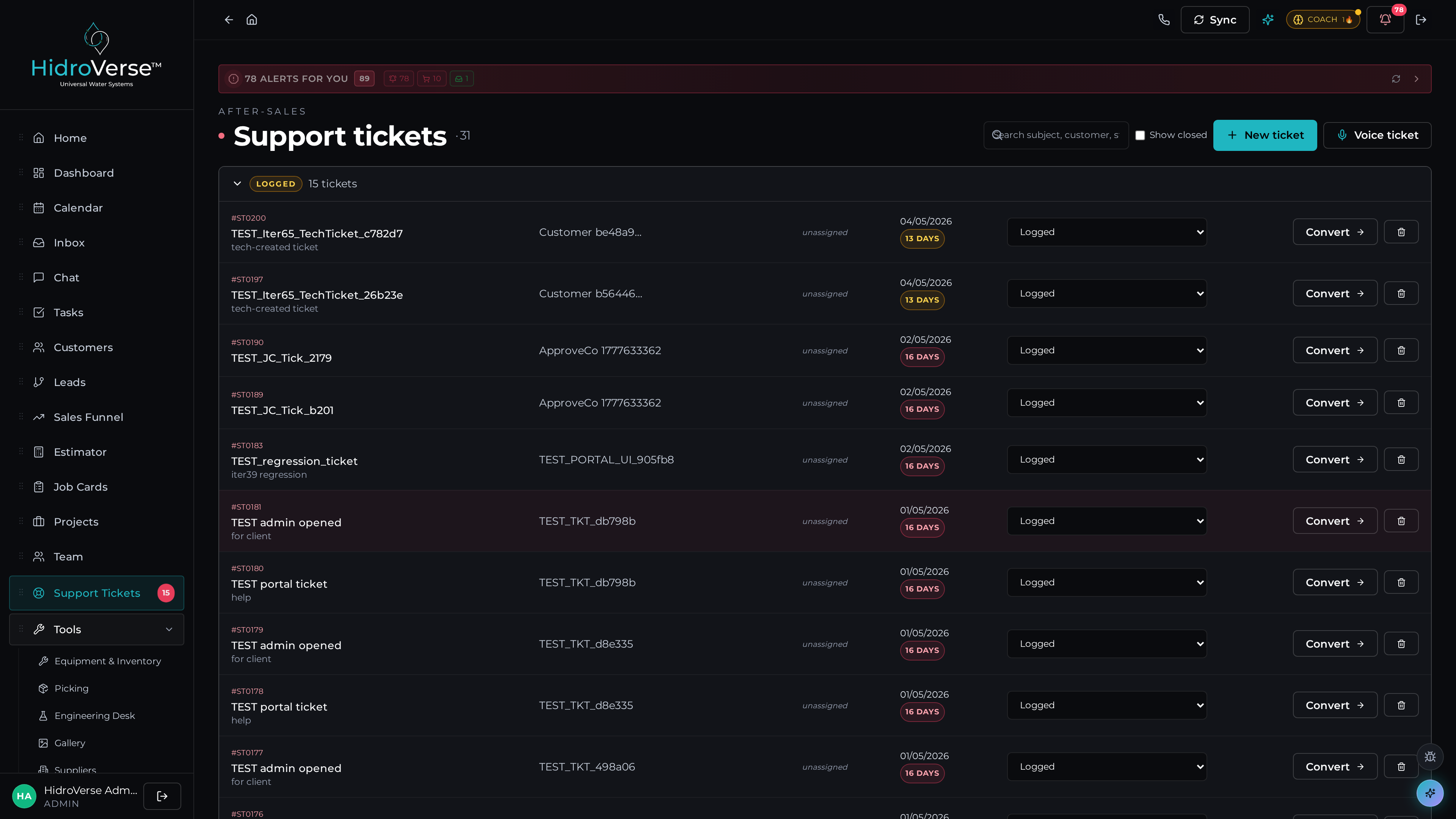 Ticket management — dark mode