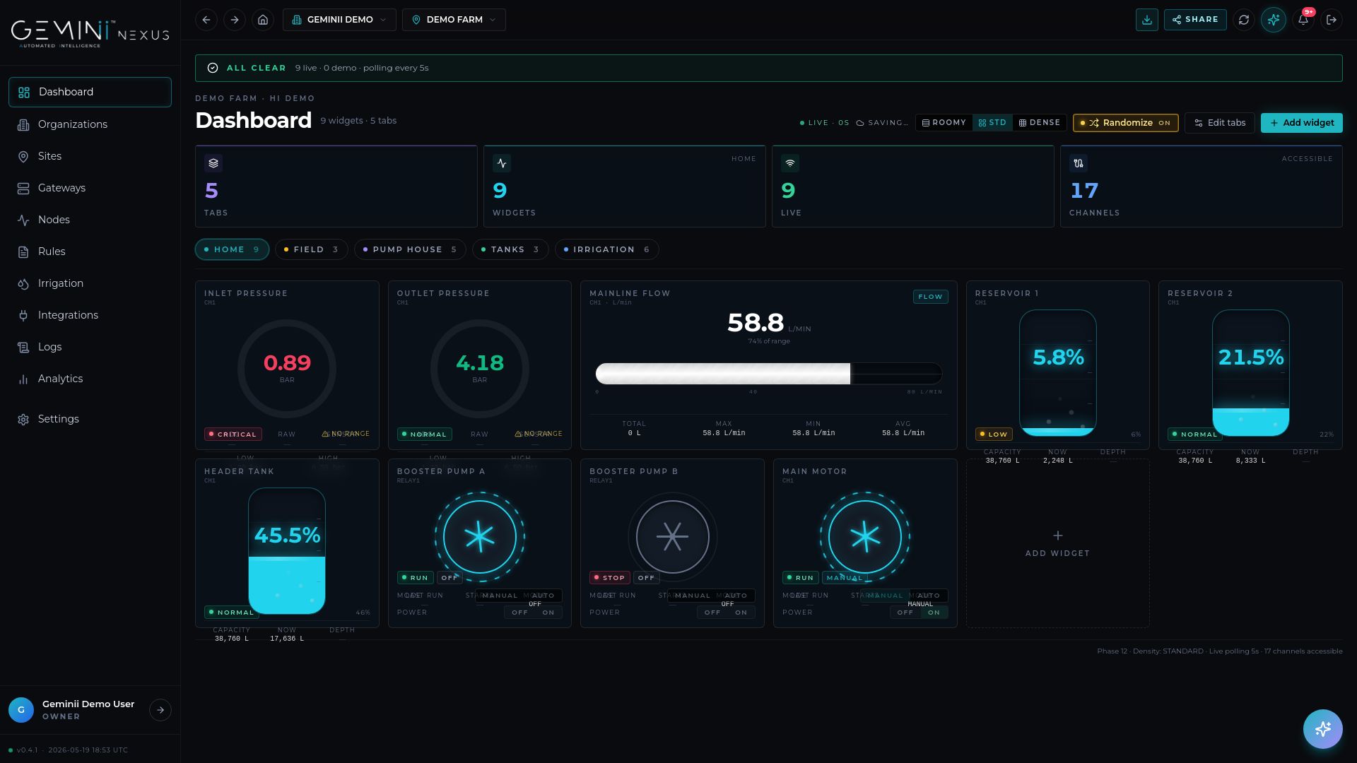 Geminii Nexus portal — live widget canvas with pumps, reservoirs, gauges, and flow meters